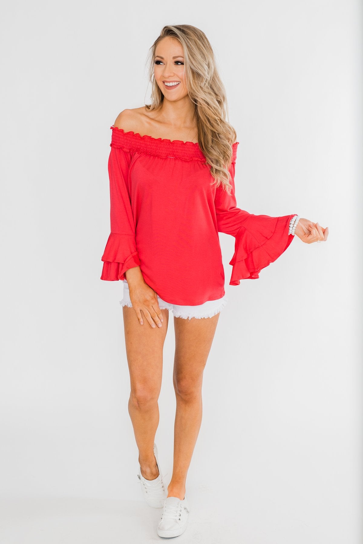 Everlasting Love Off The Shoulder Ruffle Top- Dark Strawberry