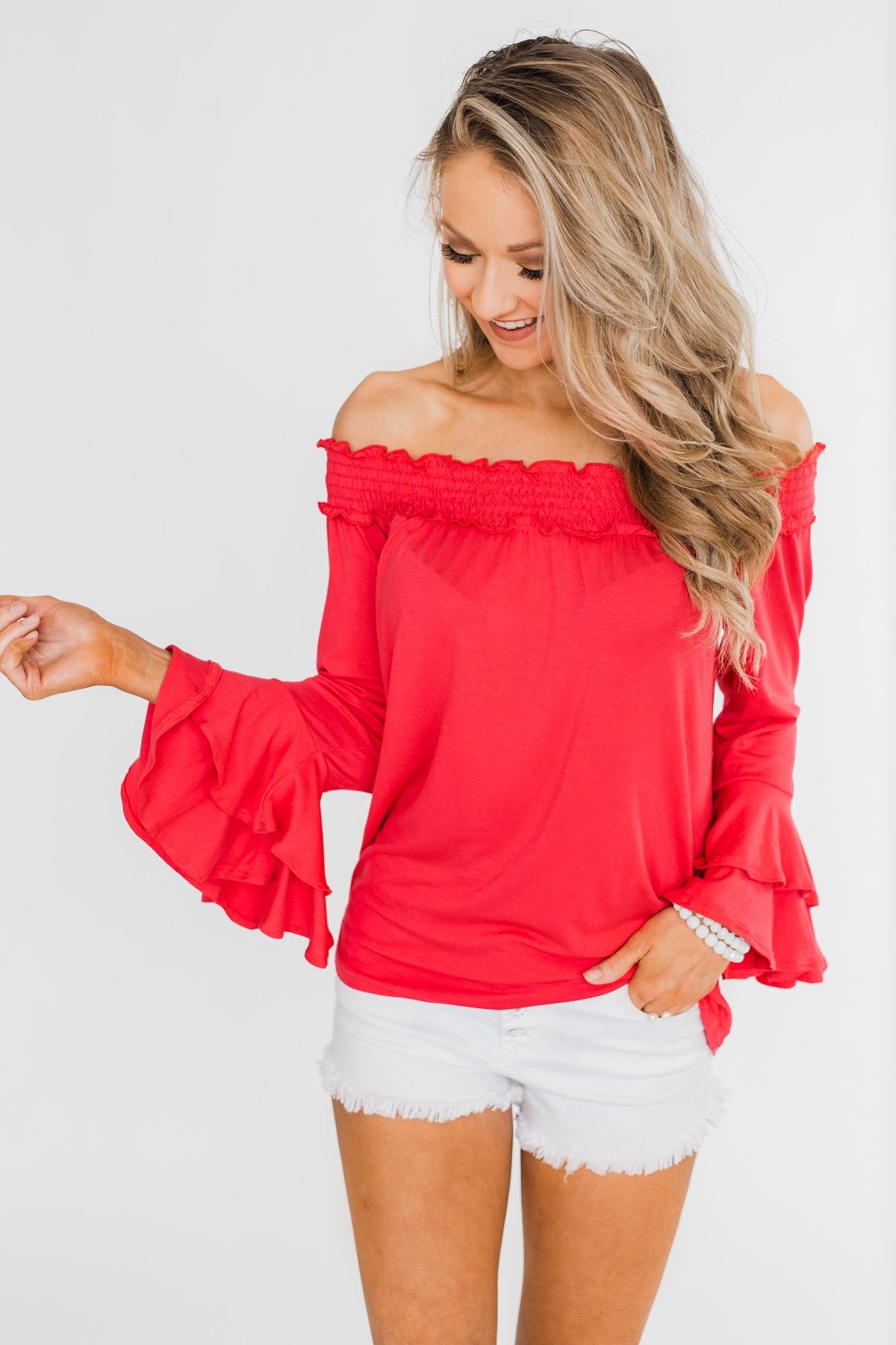 Everlasting Love Off The Shoulder Ruffle Top- Dark Strawberry