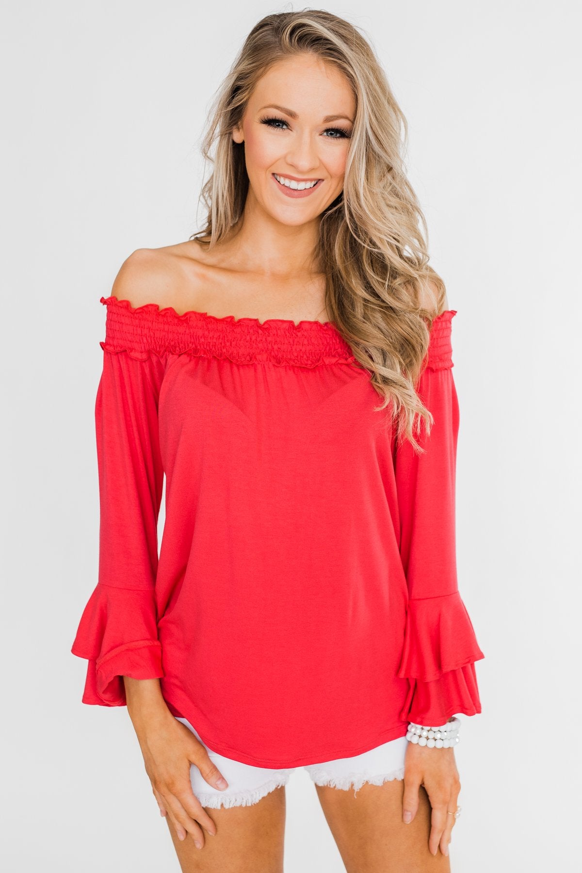Everlasting Love Off The Shoulder Ruffle Top- Dark Strawberry