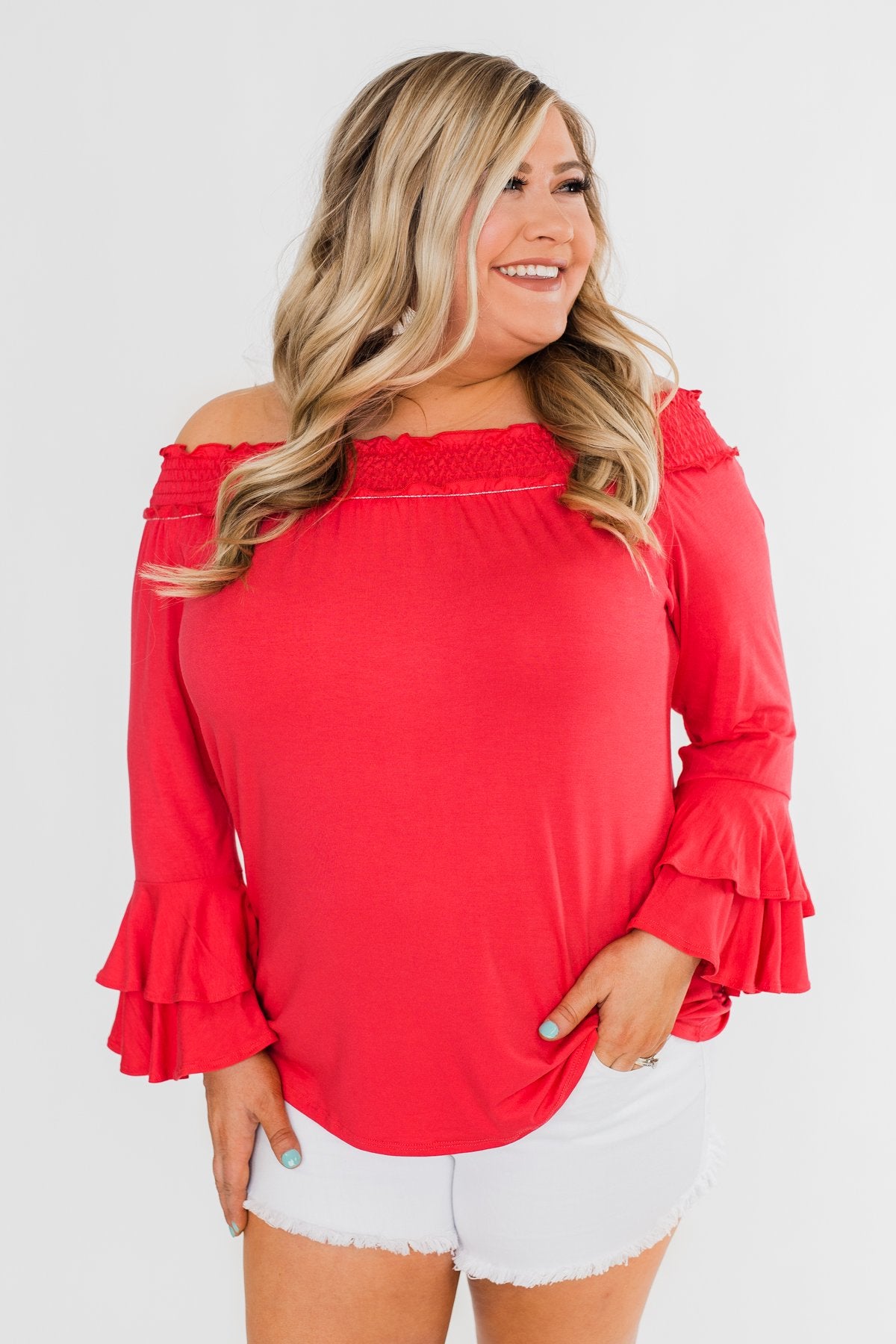 Everlasting Love Off The Shoulder Ruffle Top- Dark Strawberry