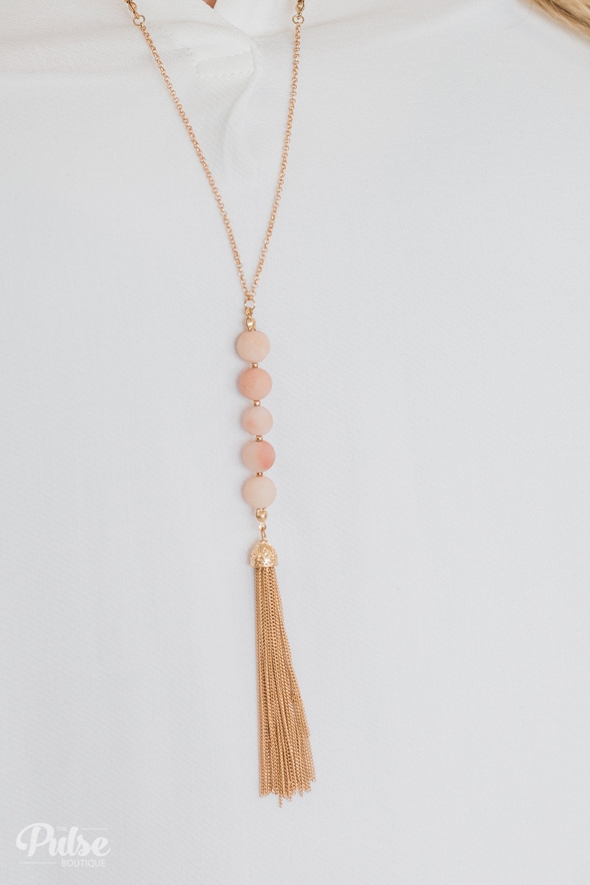 Adjustable Beaded Tassel Gold Necklace- Pink Aventurine