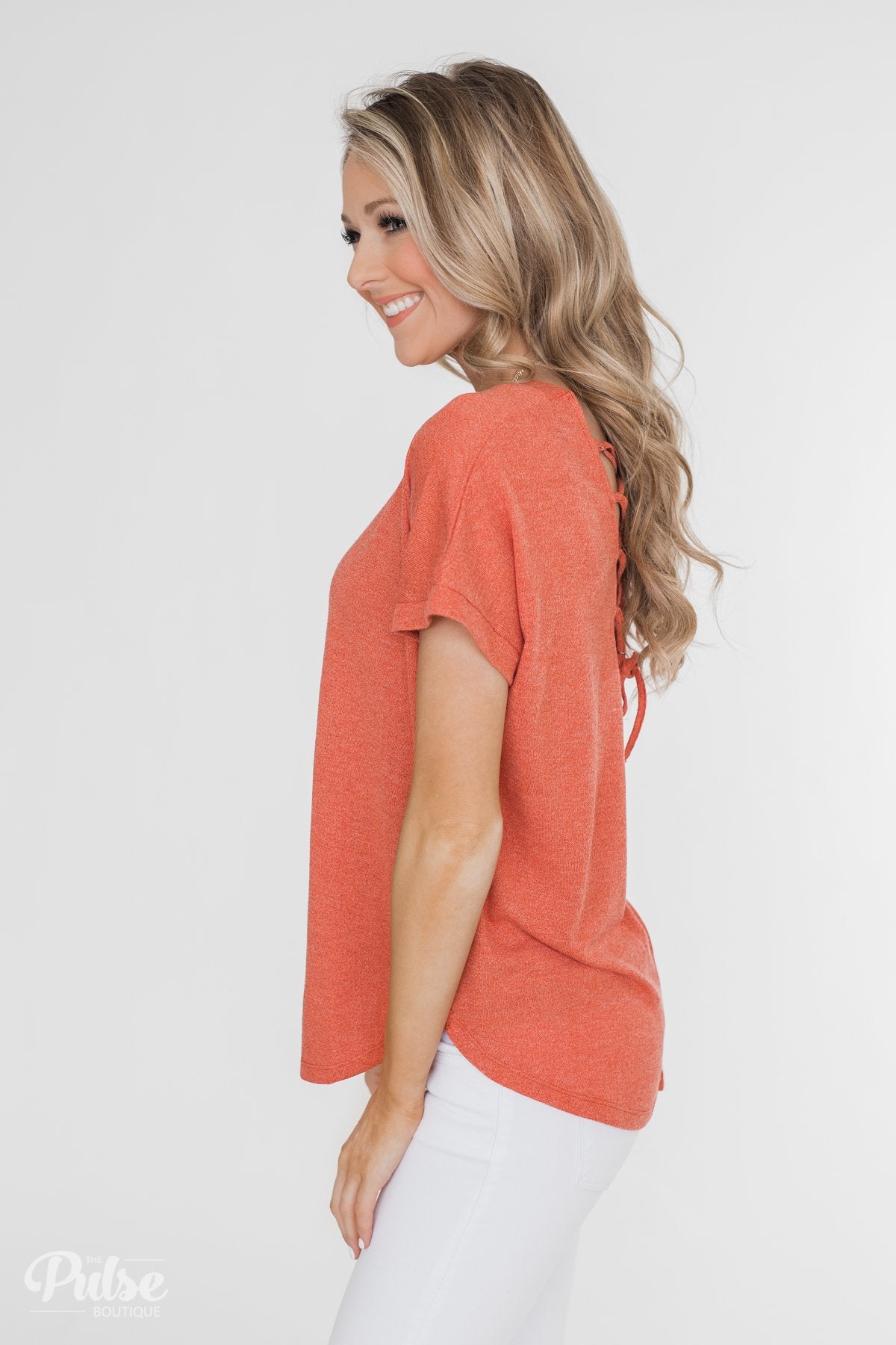 Crossing Into Casual Lace Back Top- Burnt Orange