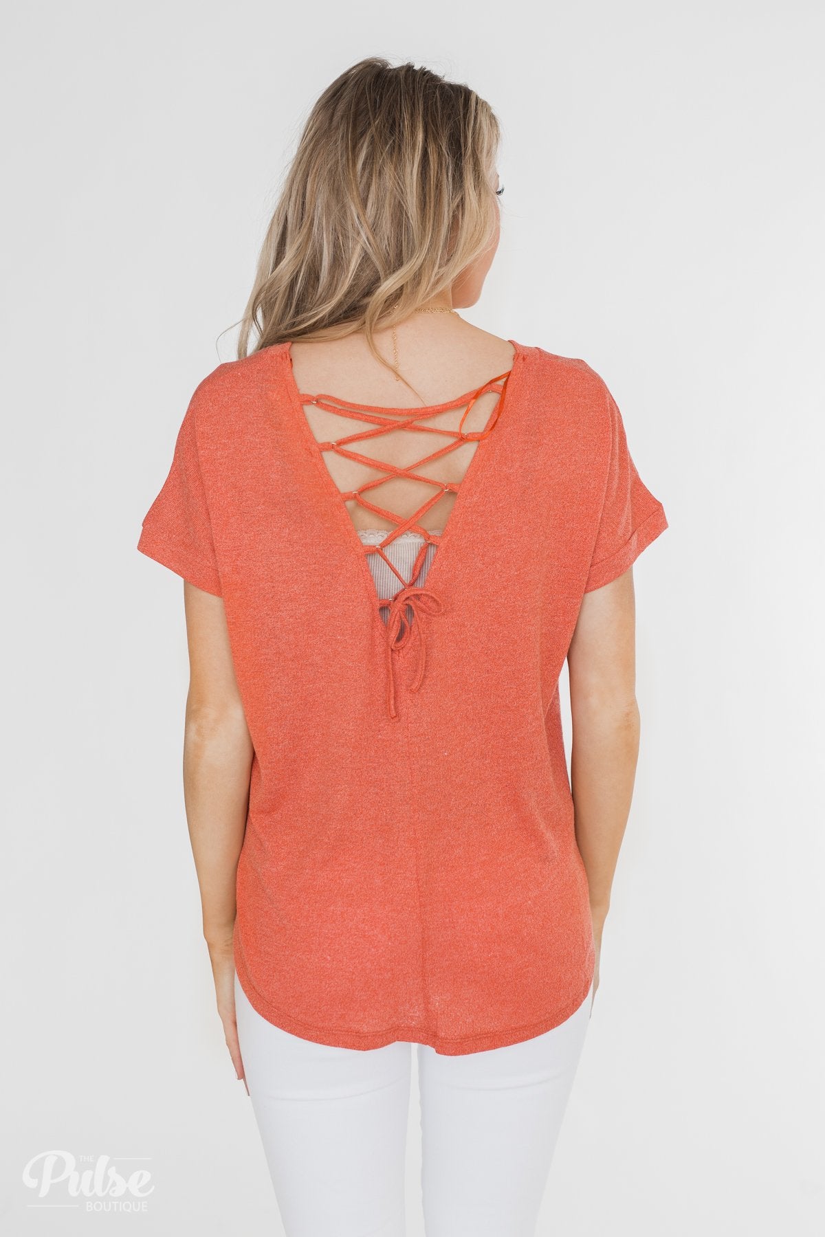 Crossing Into Casual Lace Back Top- Burnt Orange