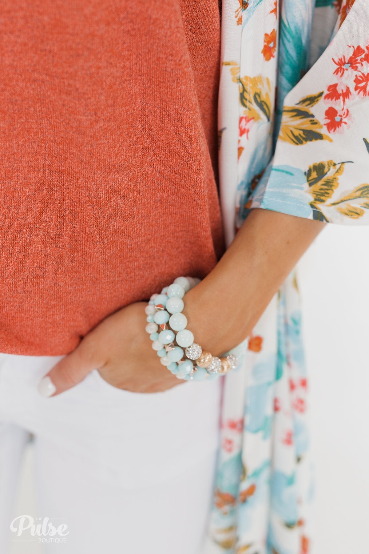 3 Layer Silver Studded Beaded Bracelet Set- Light Blue