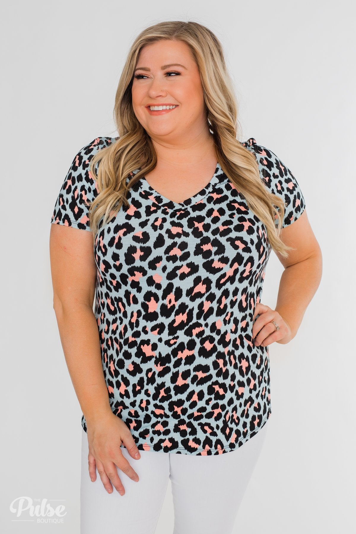 Can't Go Wrong V-Neck Leopard Top- Light Blue & Peach