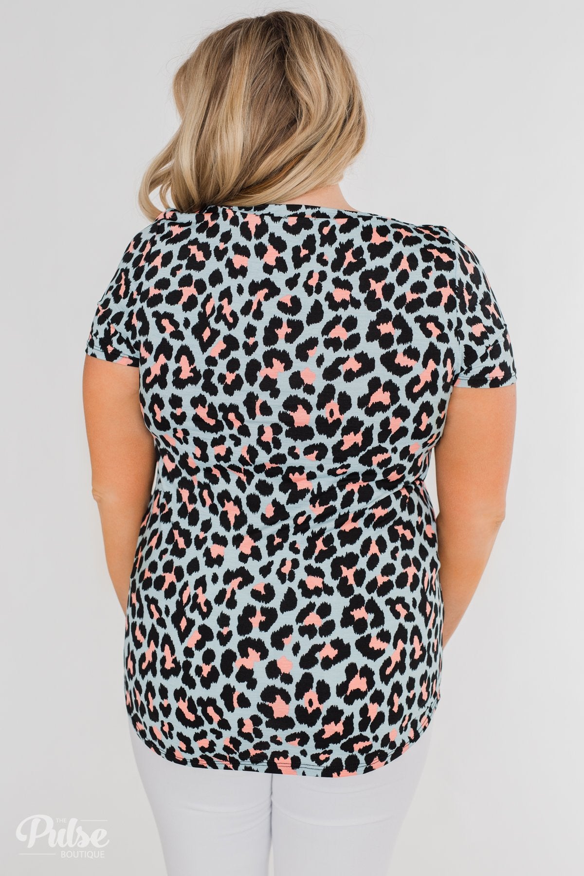 Can't Go Wrong V-Neck Leopard Top- Light Blue & Peach