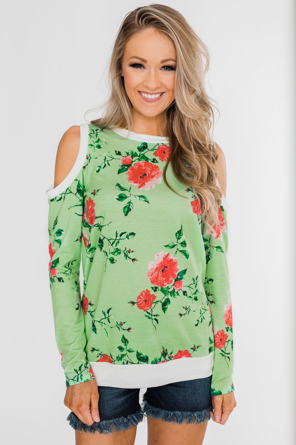 Made to Stand Out Floral Cold Shoulder Top- Shamrock Green