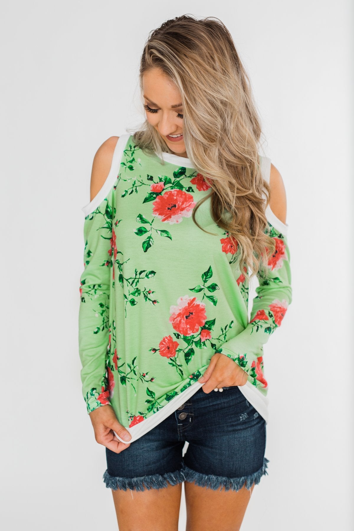 Made to Stand Out Floral Cold Shoulder Top- Shamrock Green