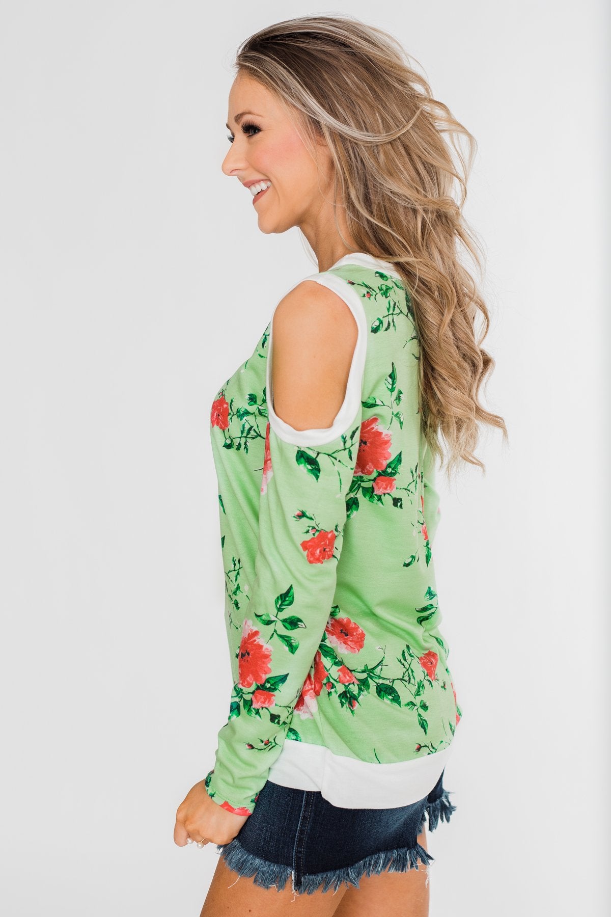 Made to Stand Out Floral Cold Shoulder Top- Shamrock Green