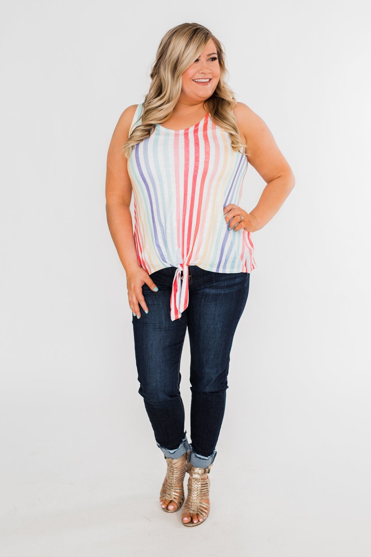 Walking On Sunshine Tie Tank Top- Rainbow