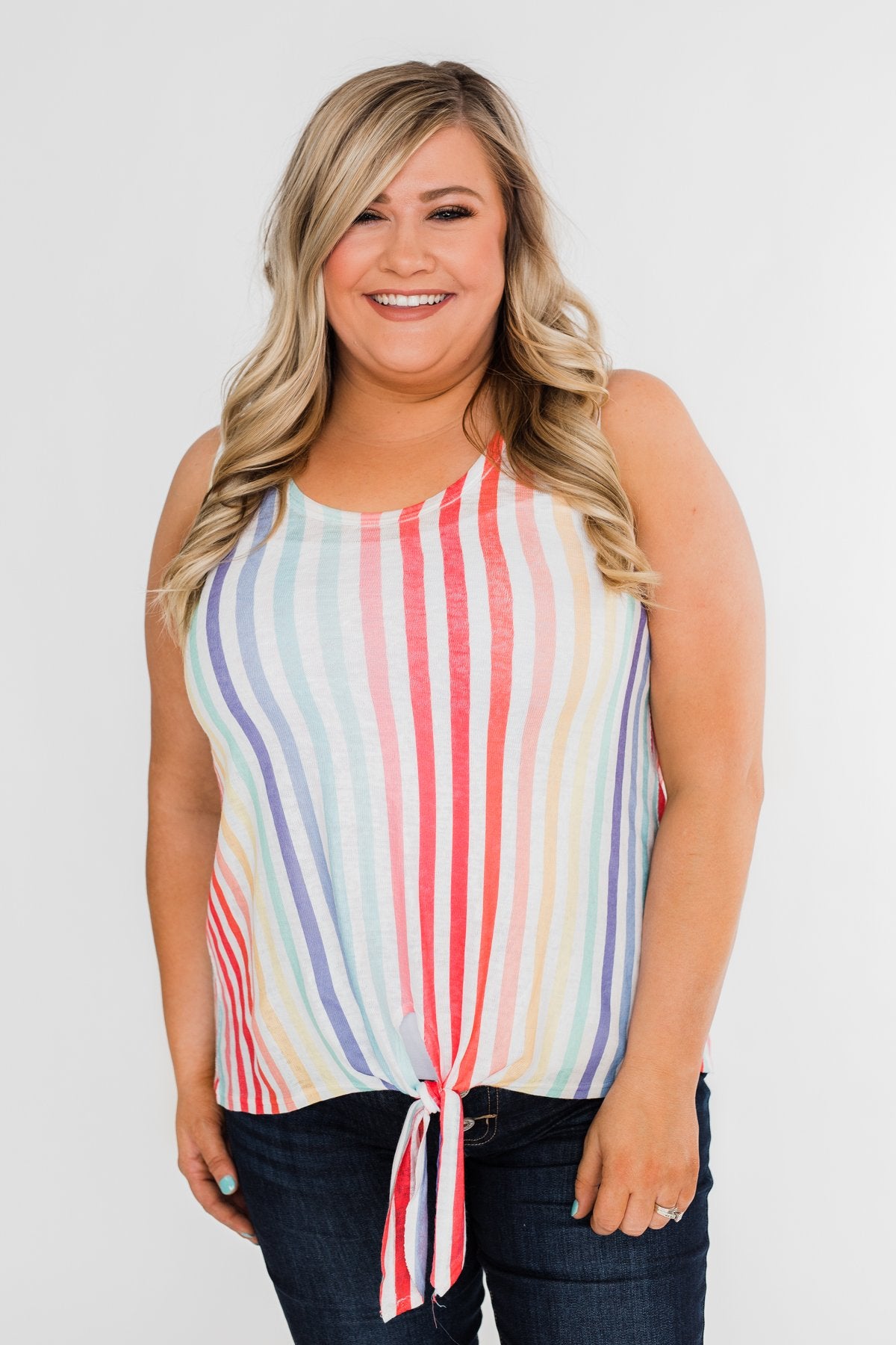 Walking On Sunshine Tie Tank Top- Rainbow