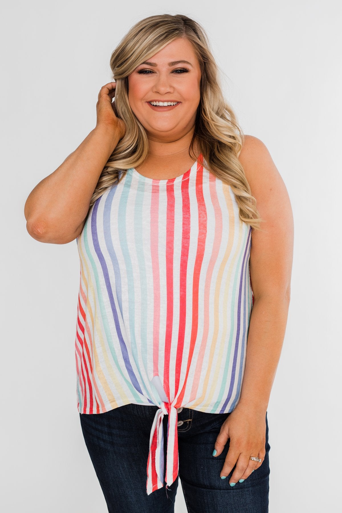 Walking On Sunshine Tie Tank Top- Rainbow