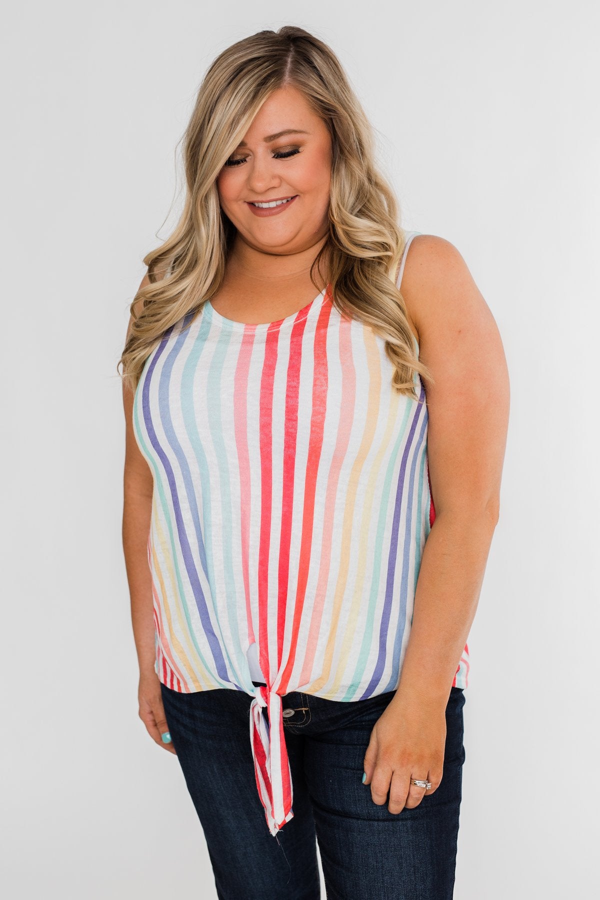 Walking On Sunshine Tie Tank Top- Rainbow