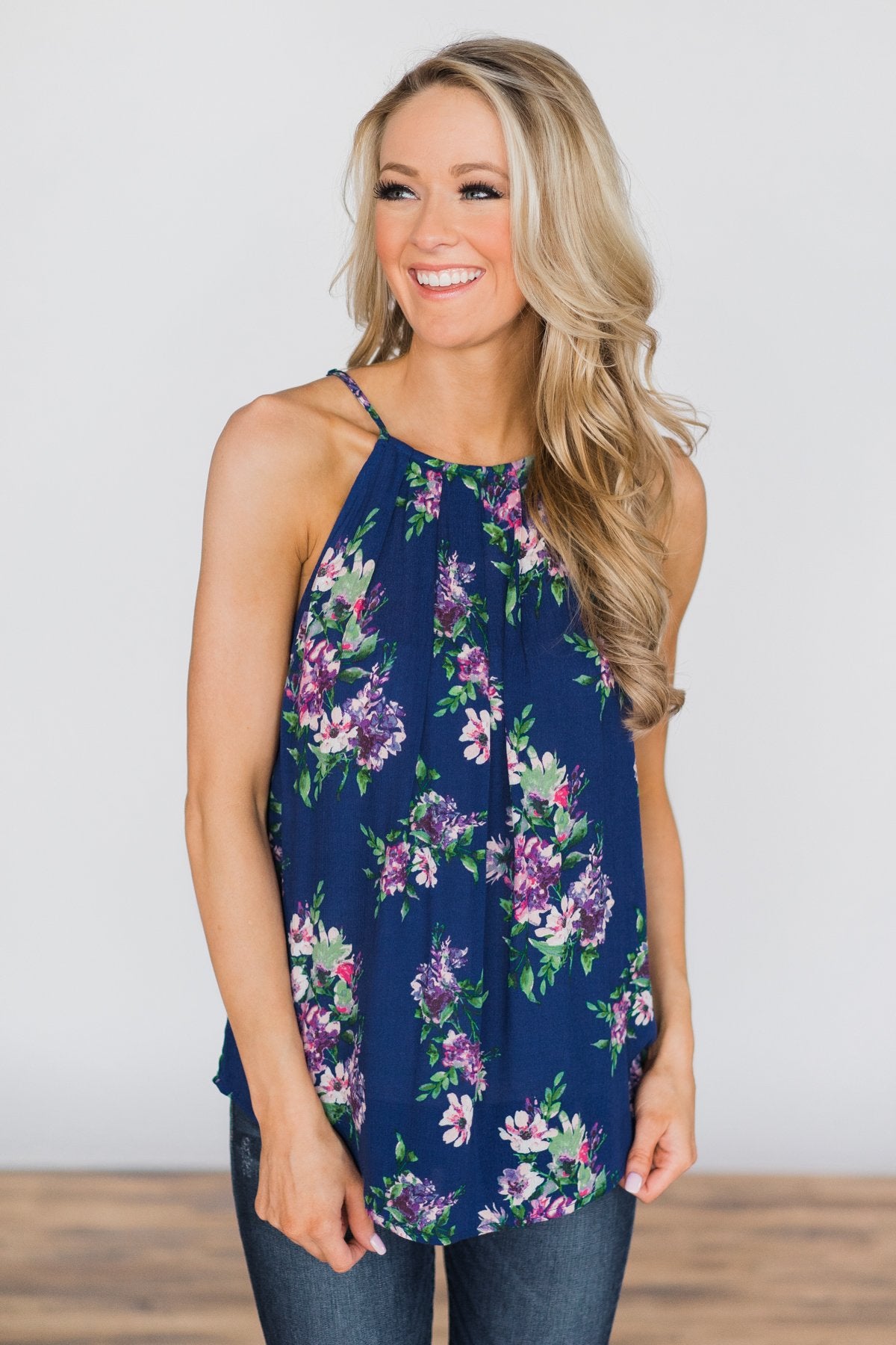 Embrace the Floral Halter Tank Top- Admiral Blue