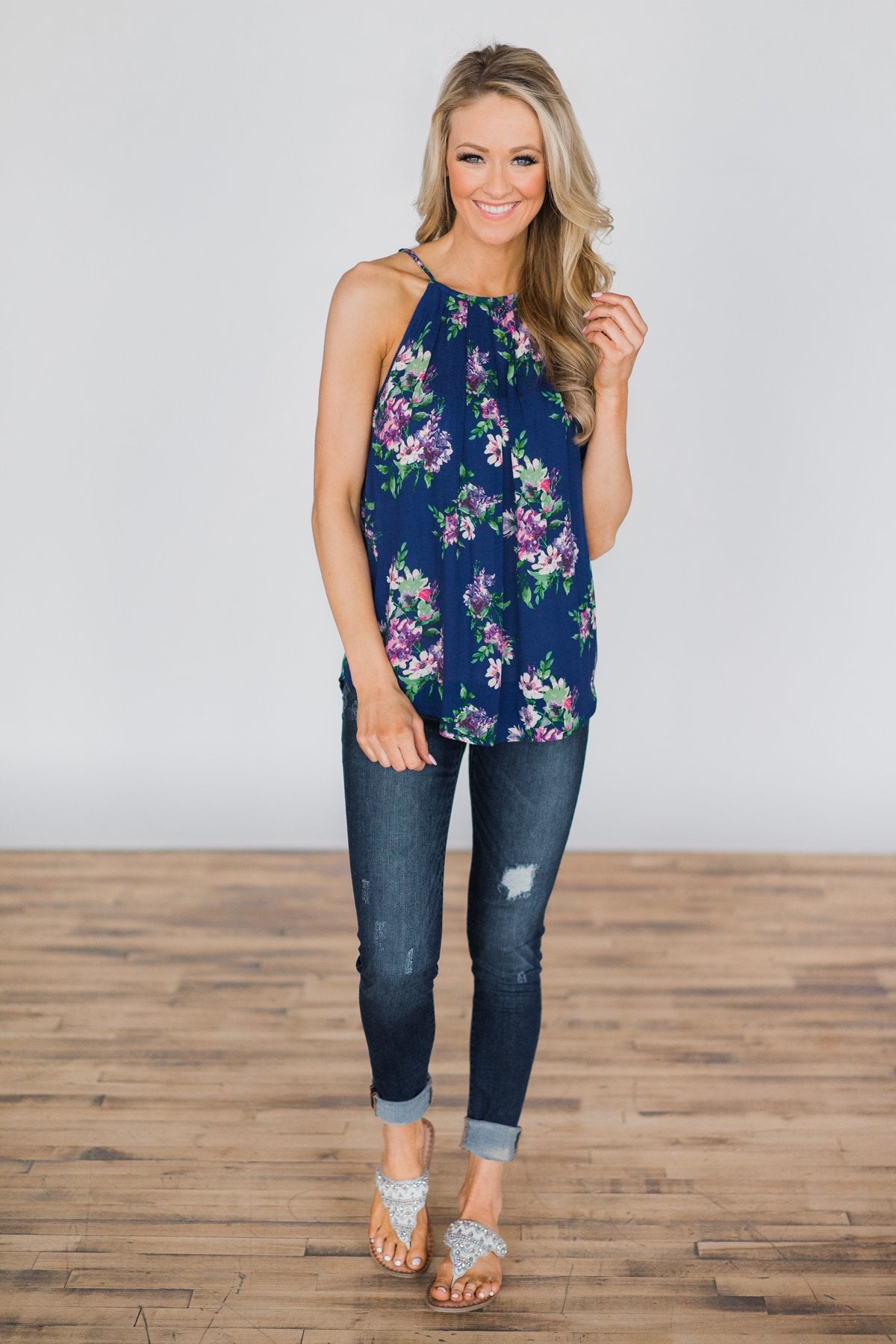 Embrace the Floral Halter Tank Top- Admiral Blue