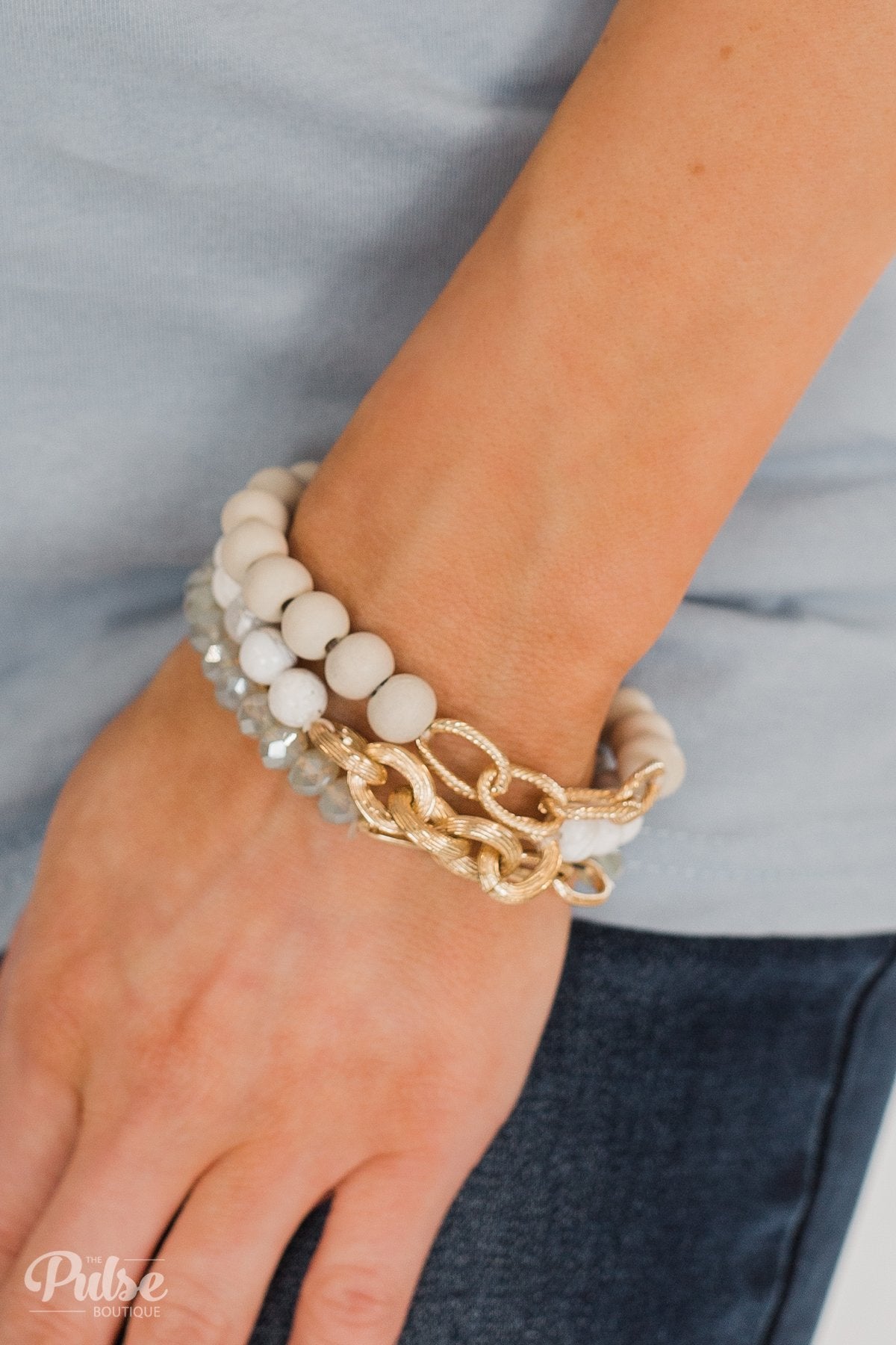 Chain & Beads Bracelet Set- Cream & White