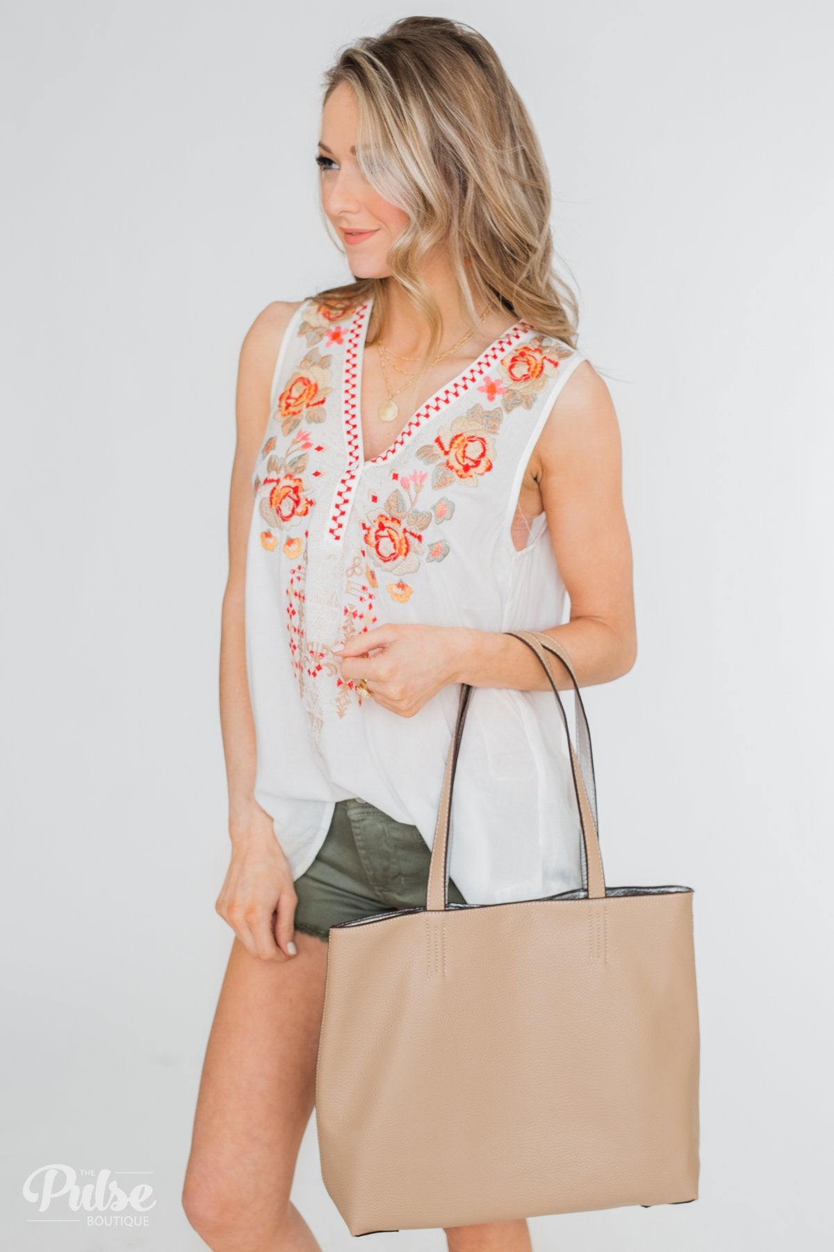 Take Me Anywhere Reversible Tote - Light Beige/Silver