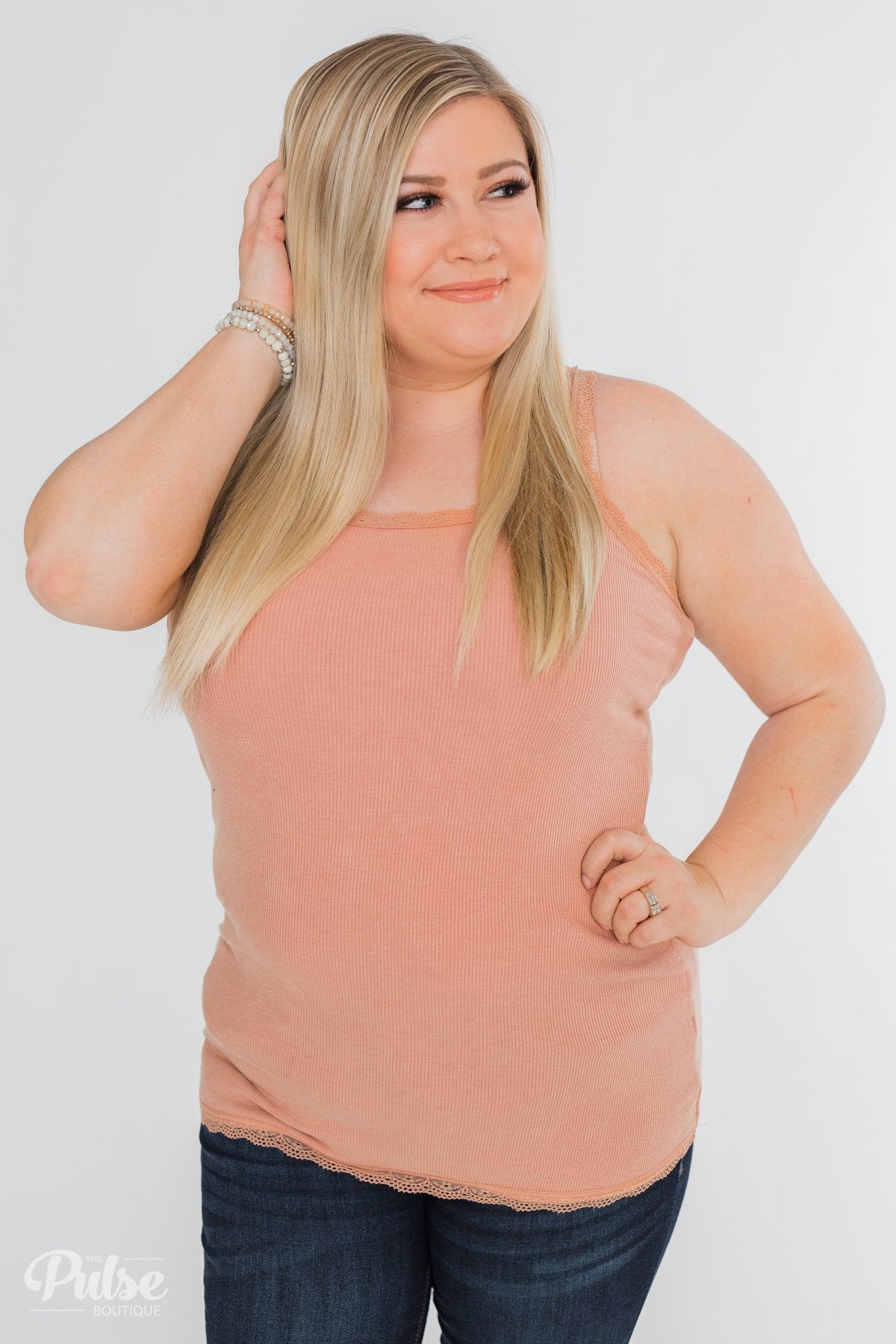 Faded Lace Trimmed Layering Tank- Dusty Peach
