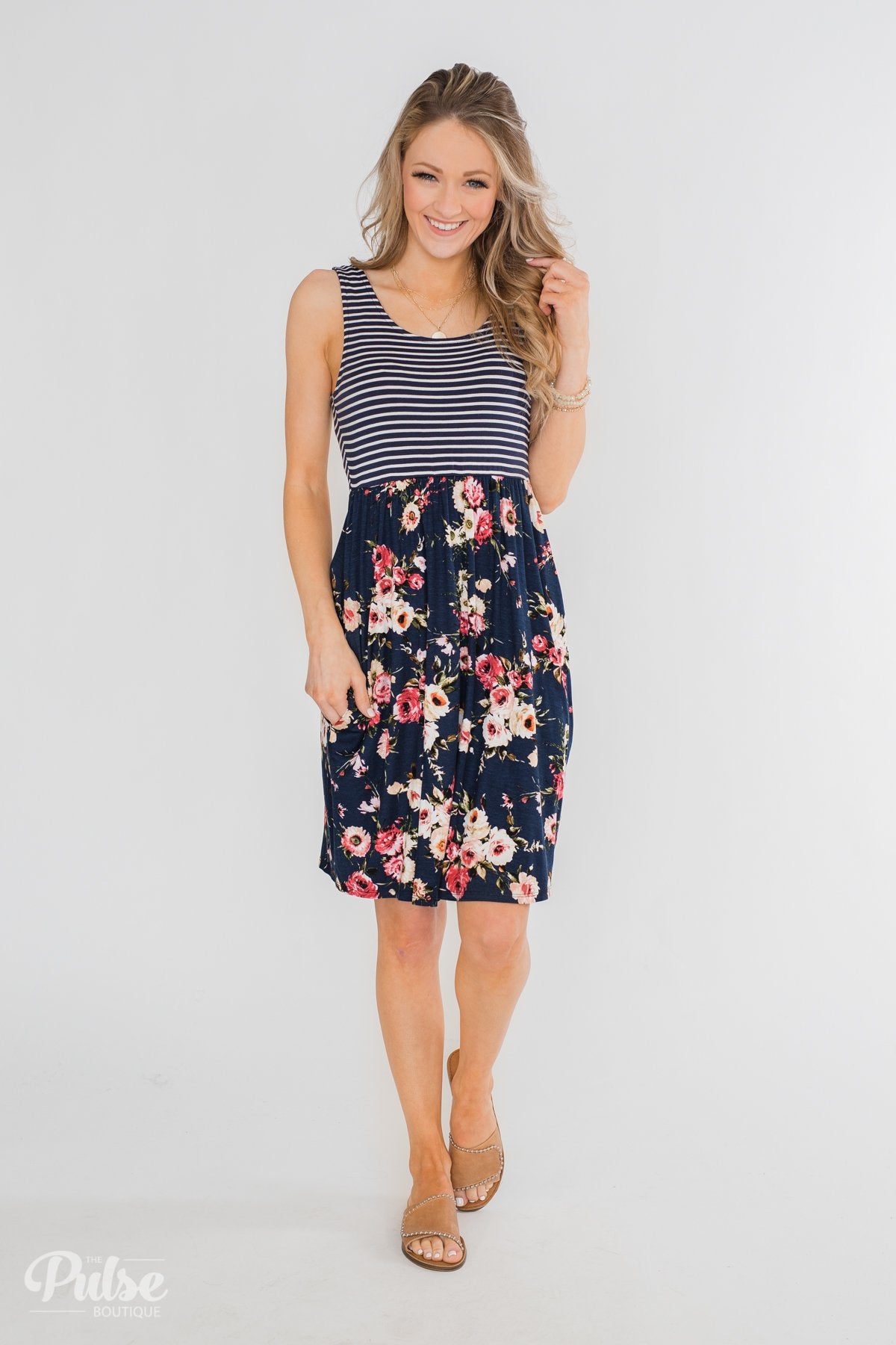 Floral & Stripes Sleeveless Midi Dress- Navy