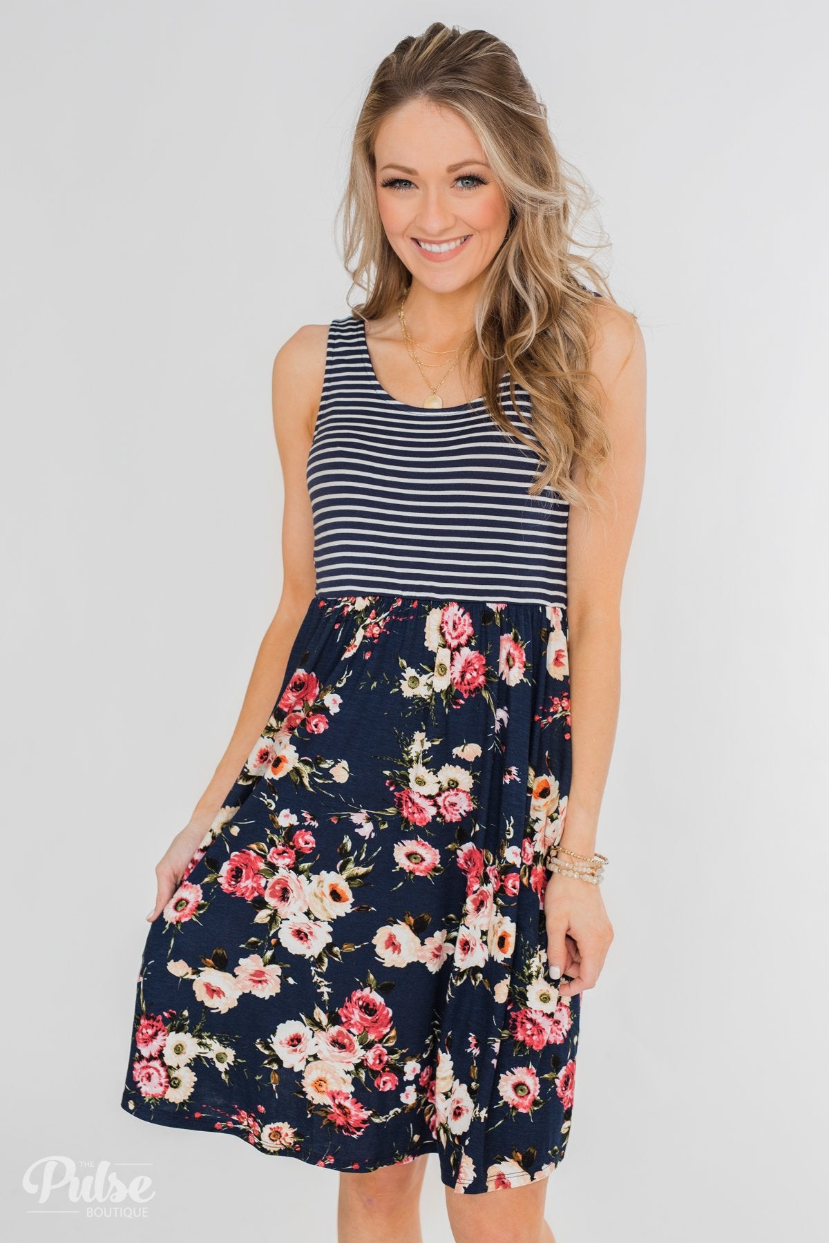 Floral & Stripes Sleeveless Midi Dress- Navy