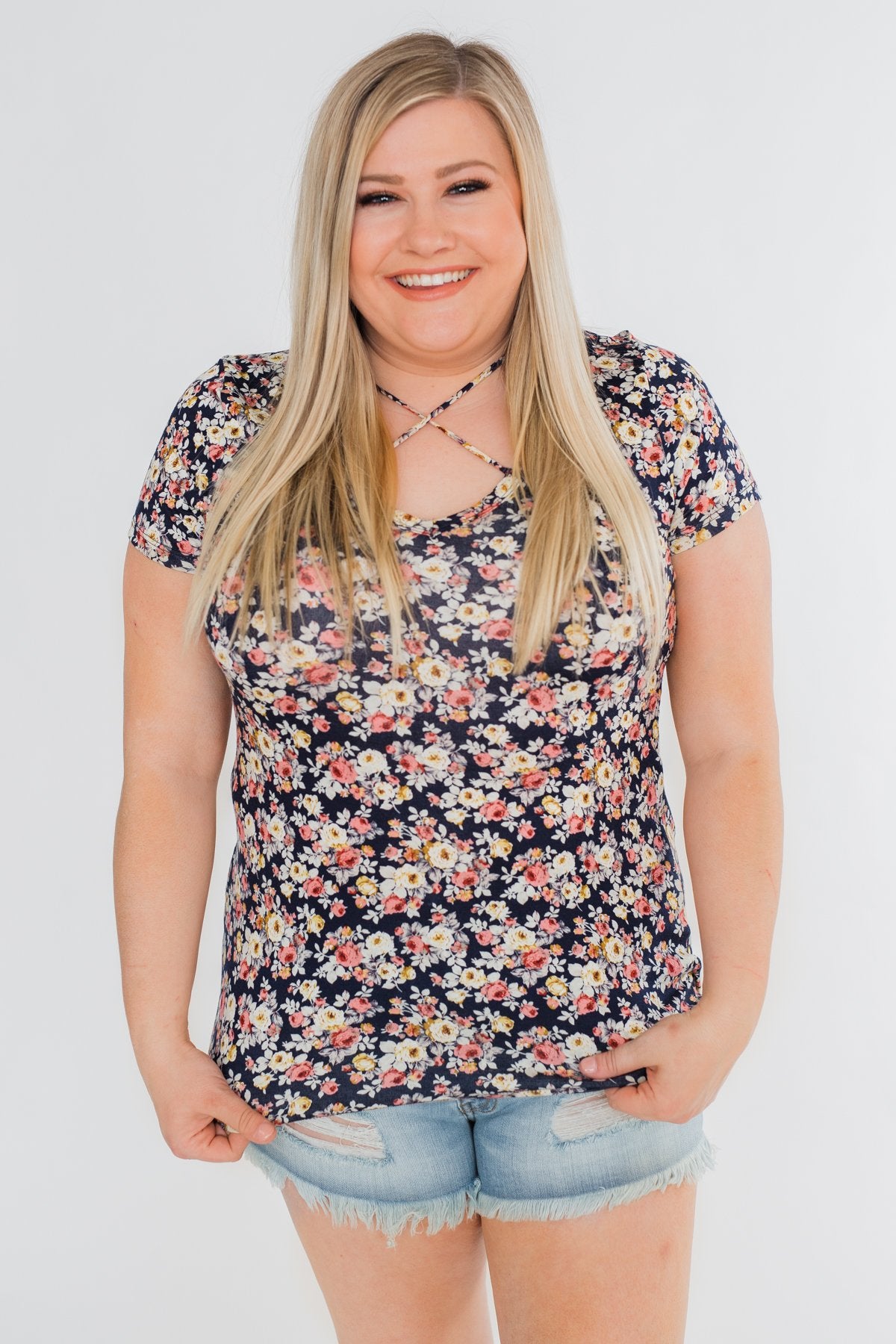 Take Me Away Floral Criss-Cross Top- Navy