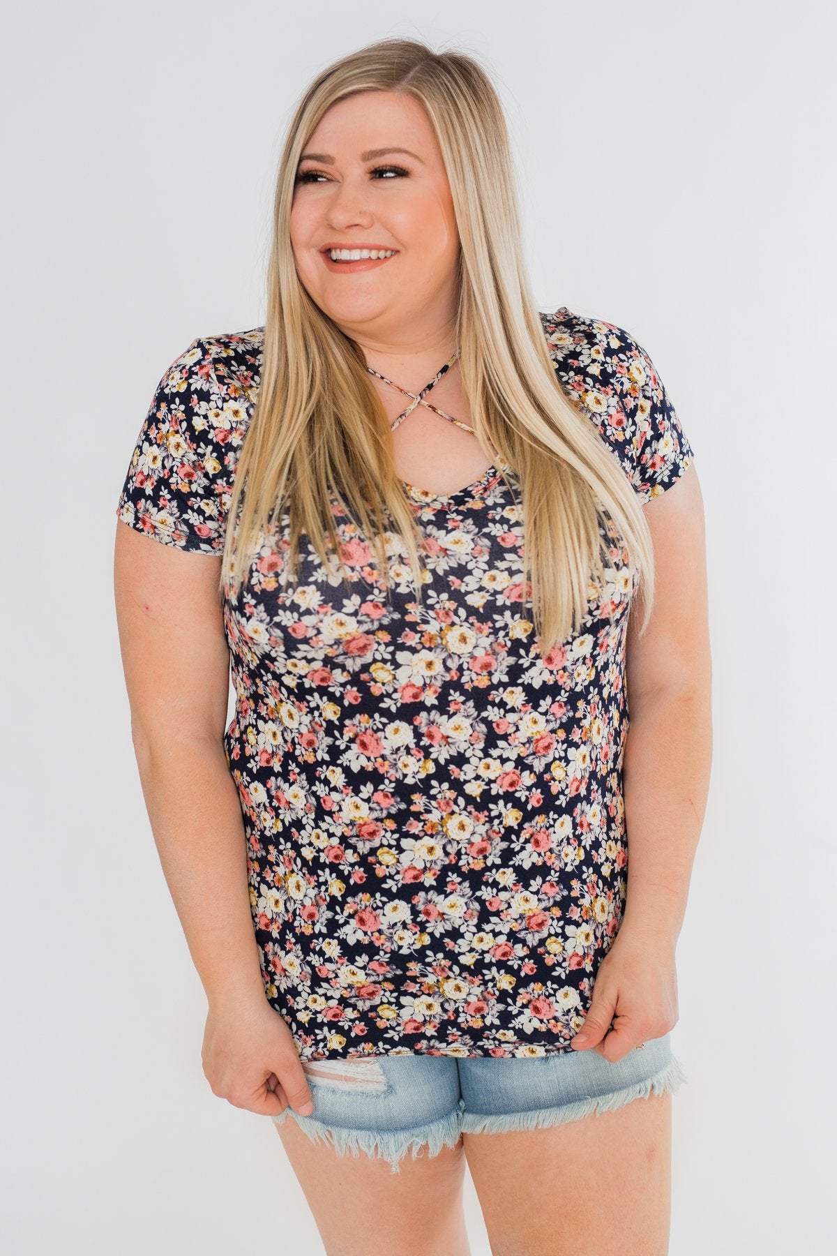 Take Me Away Floral Criss-Cross Top- Navy