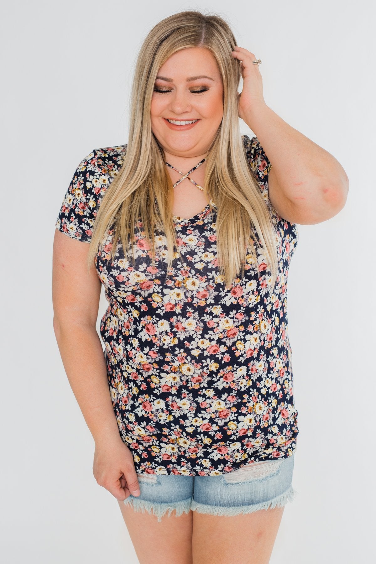 Take Me Away Floral Criss-Cross Top- Navy