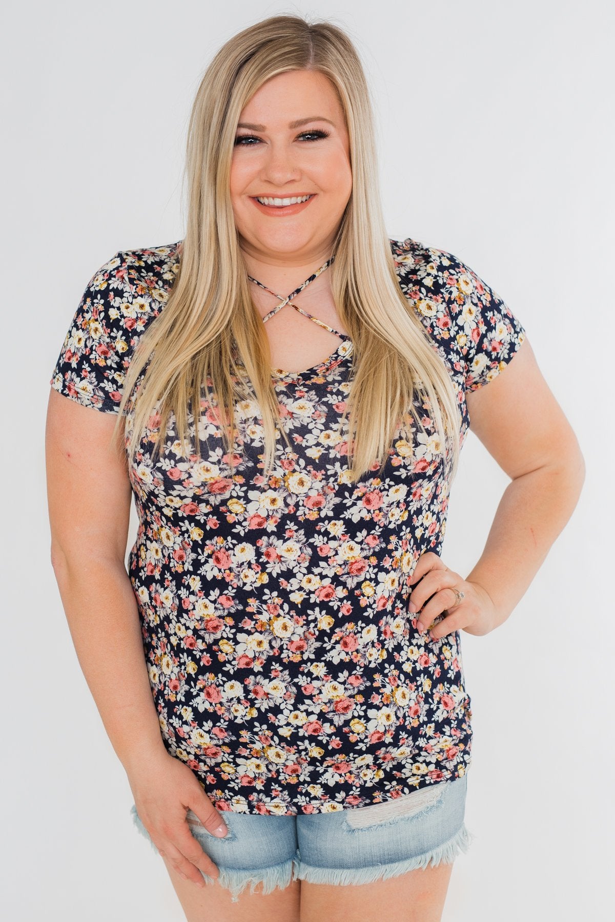 Take Me Away Floral Criss-Cross Top- Navy