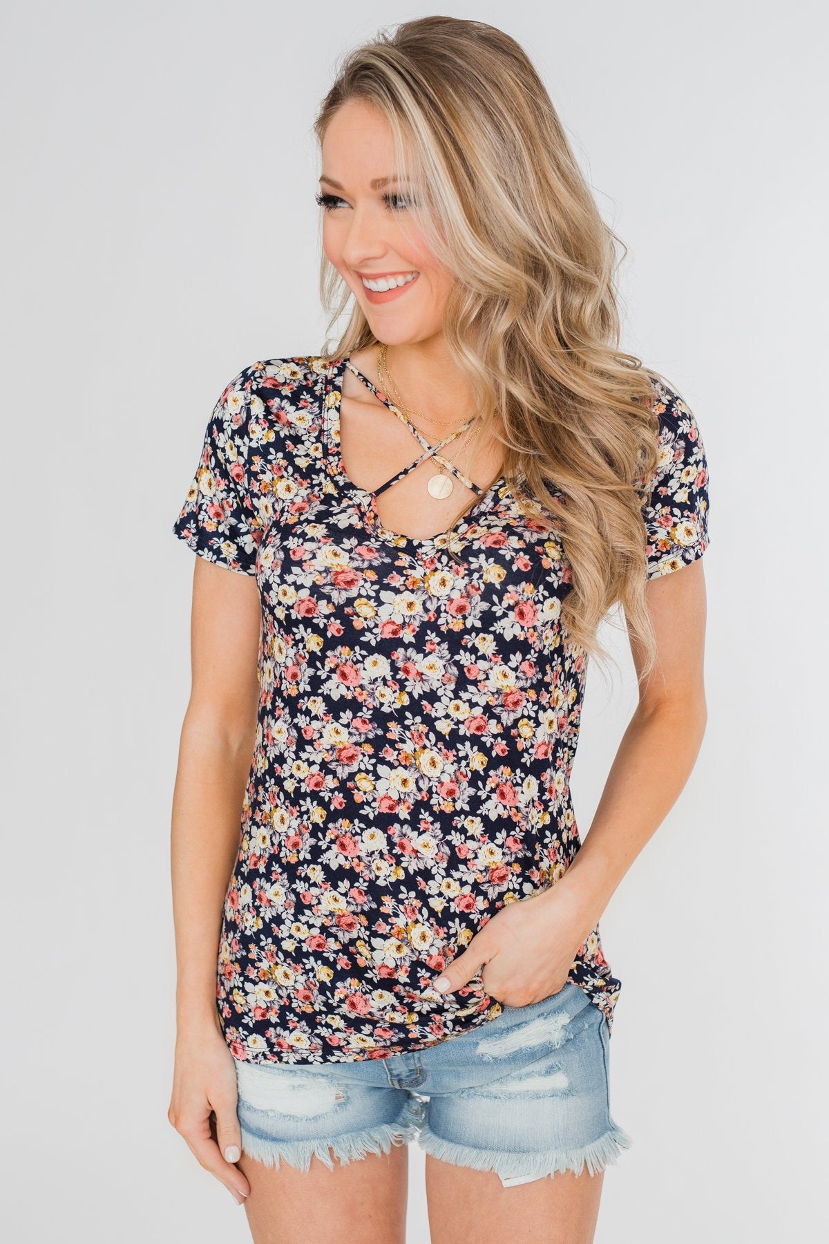 Take Me Away Floral Criss-Cross Top- Navy