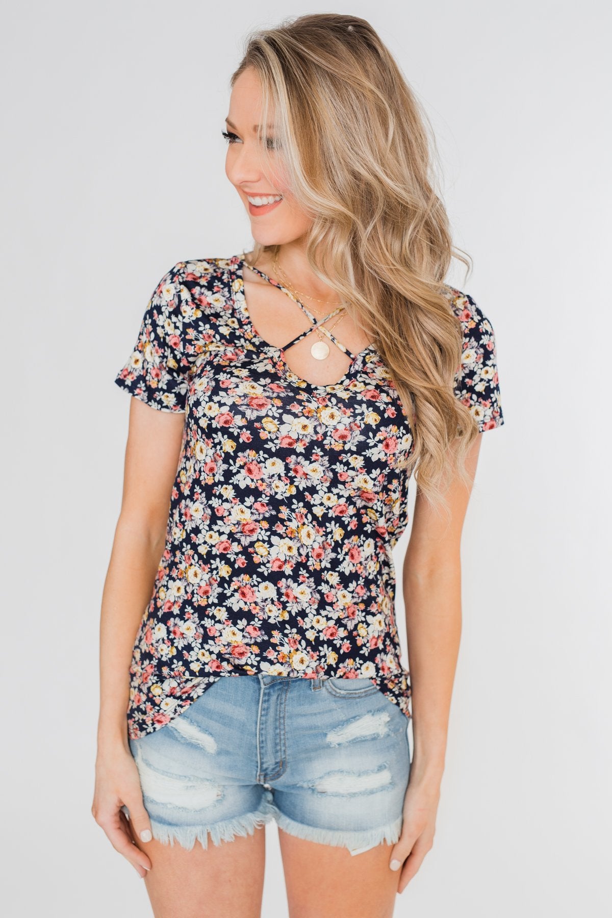Take Me Away Floral Criss-Cross Top- Navy