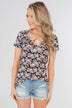 Take Me Away Floral Criss-Cross Top- Navy