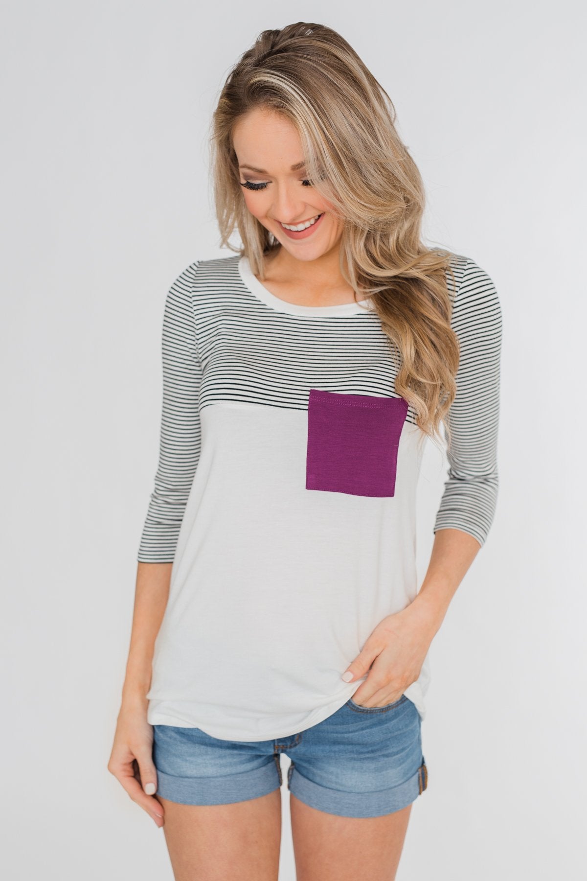 Striped 3/4 Sleeve Pocket Top- Magenta
