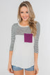 Striped 3/4 Sleeve Pocket Top- Magenta