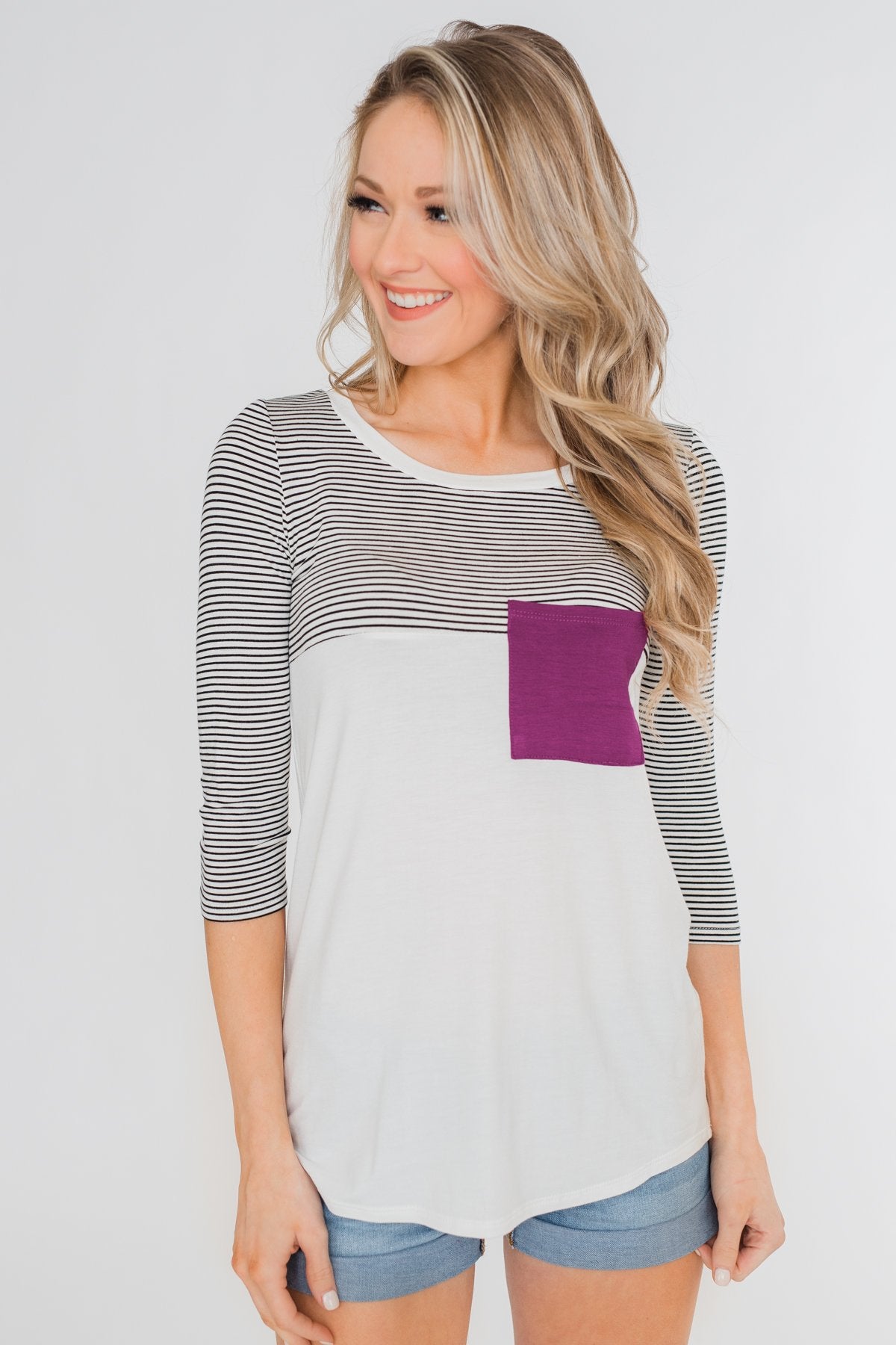 Striped 3/4 Sleeve Pocket Top- Magenta