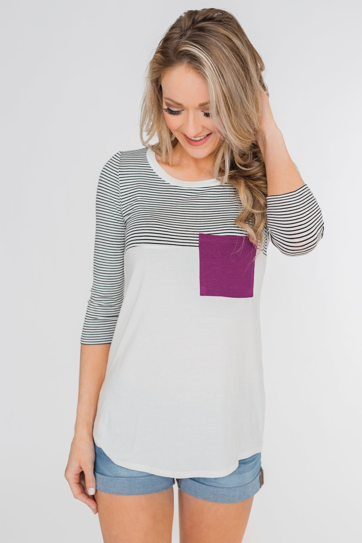 Striped 3/4 Sleeve Pocket Top- Magenta