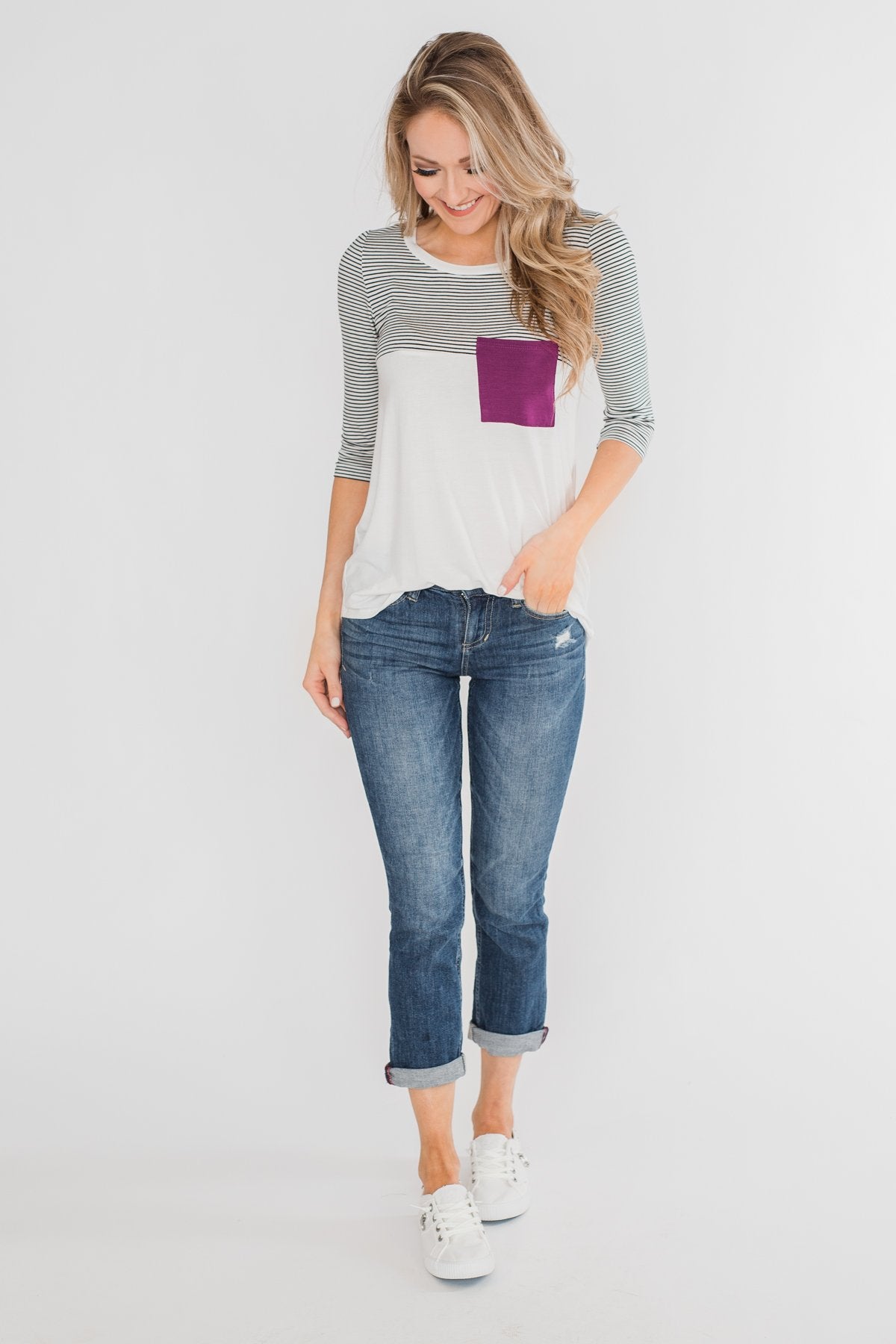 Striped 3/4 Sleeve Pocket Top- Magenta