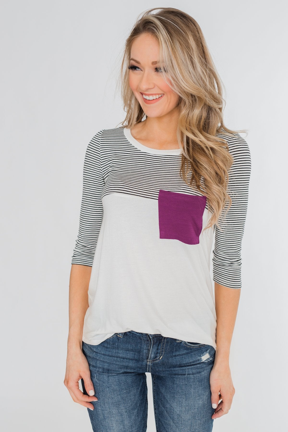 Striped 3/4 Sleeve Pocket Top- Magenta
