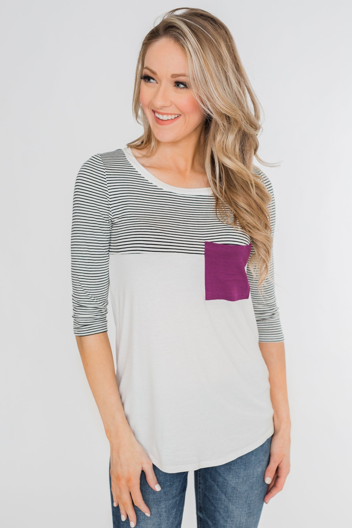 Striped 3/4 Sleeve Pocket Top- Magenta