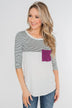 Striped 3/4 Sleeve Pocket Top- Magenta