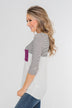 Striped 3/4 Sleeve Pocket Top- Magenta