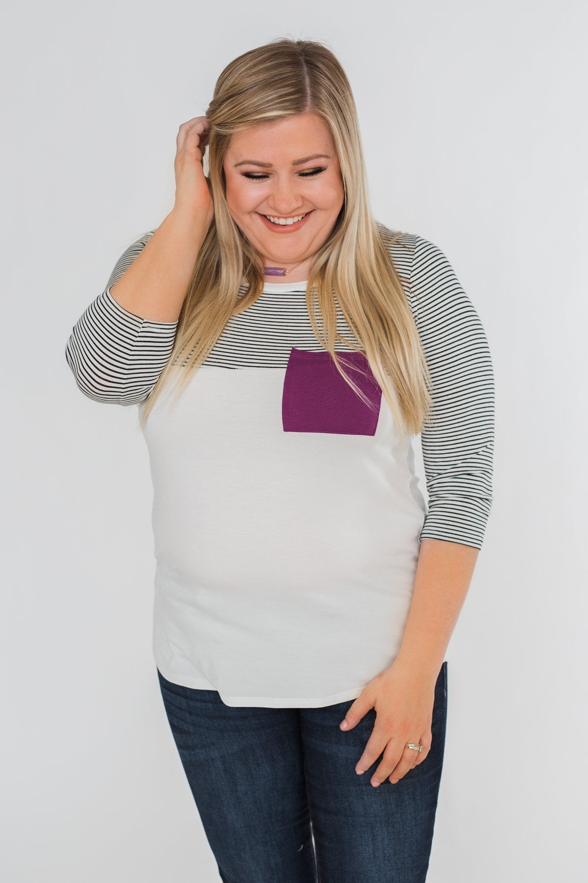 Striped 3/4 Sleeve Pocket Top- Magenta