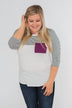Striped 3/4 Sleeve Pocket Top- Magenta