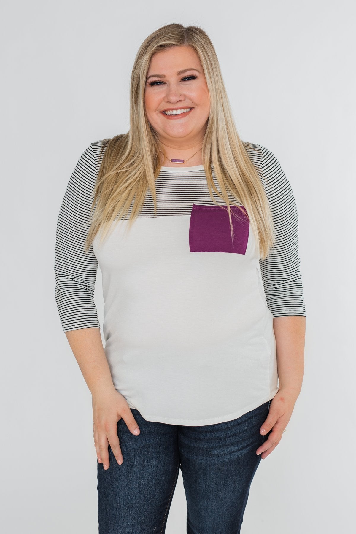 Striped 3/4 Sleeve Pocket Top- Magenta