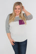 Striped 3/4 Sleeve Pocket Top- Magenta