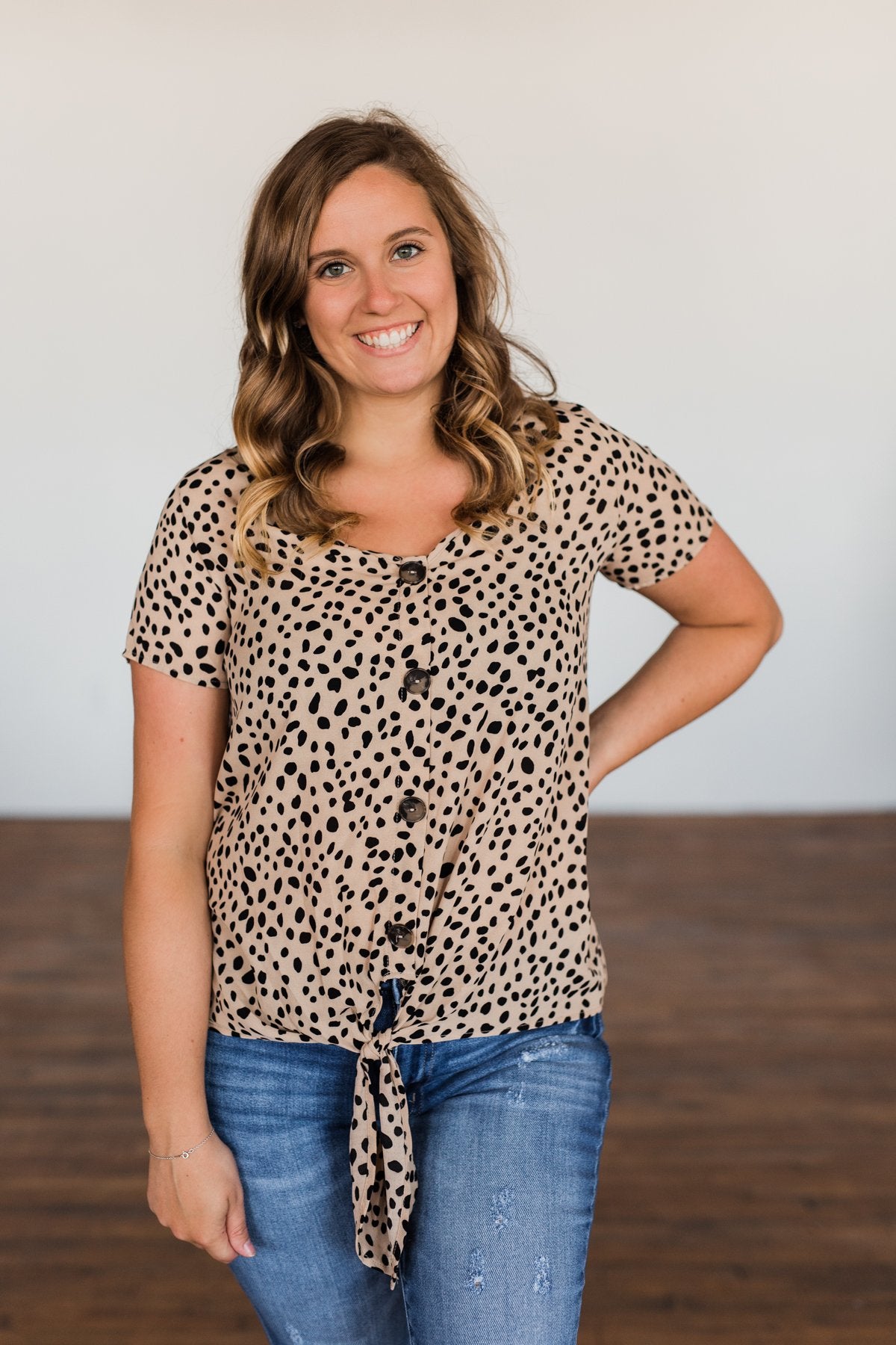 Like It Like That Spotted Button Top- Tan
