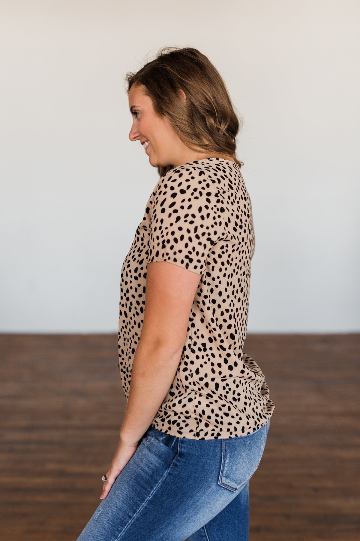 Like It Like That Spotted Button Top- Tan