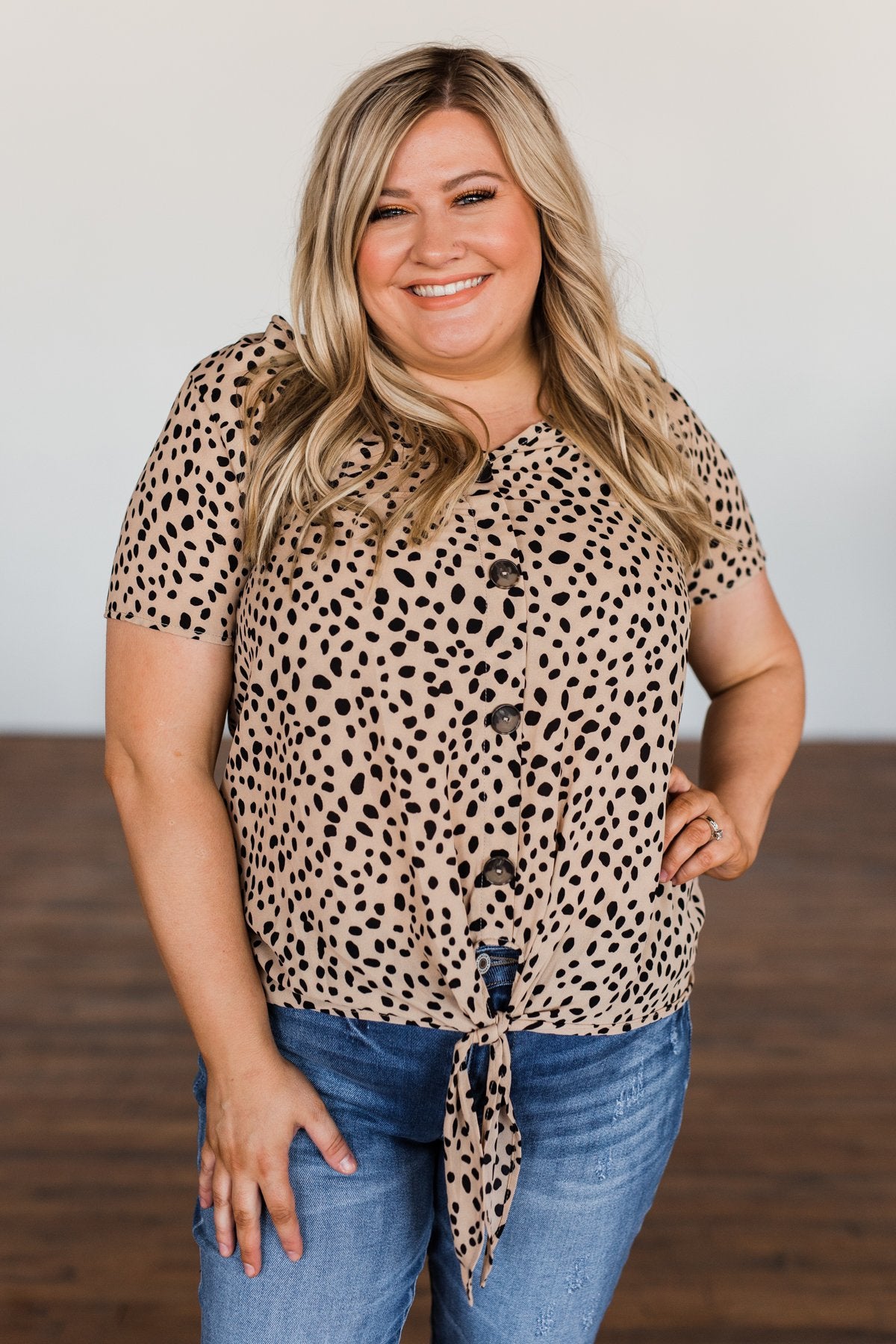 Like It Like That Spotted Button Top- Tan