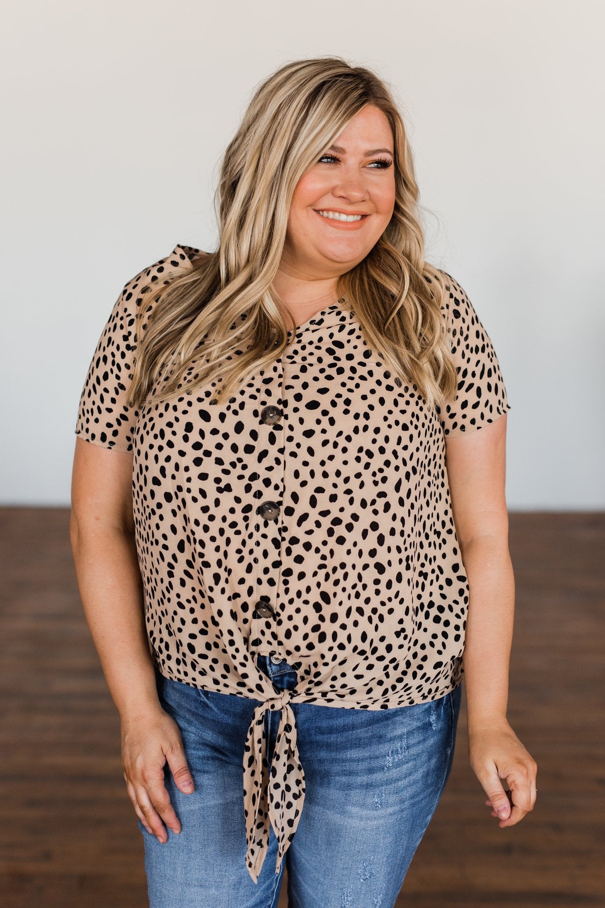 Like It Like That Spotted Button Top- Tan