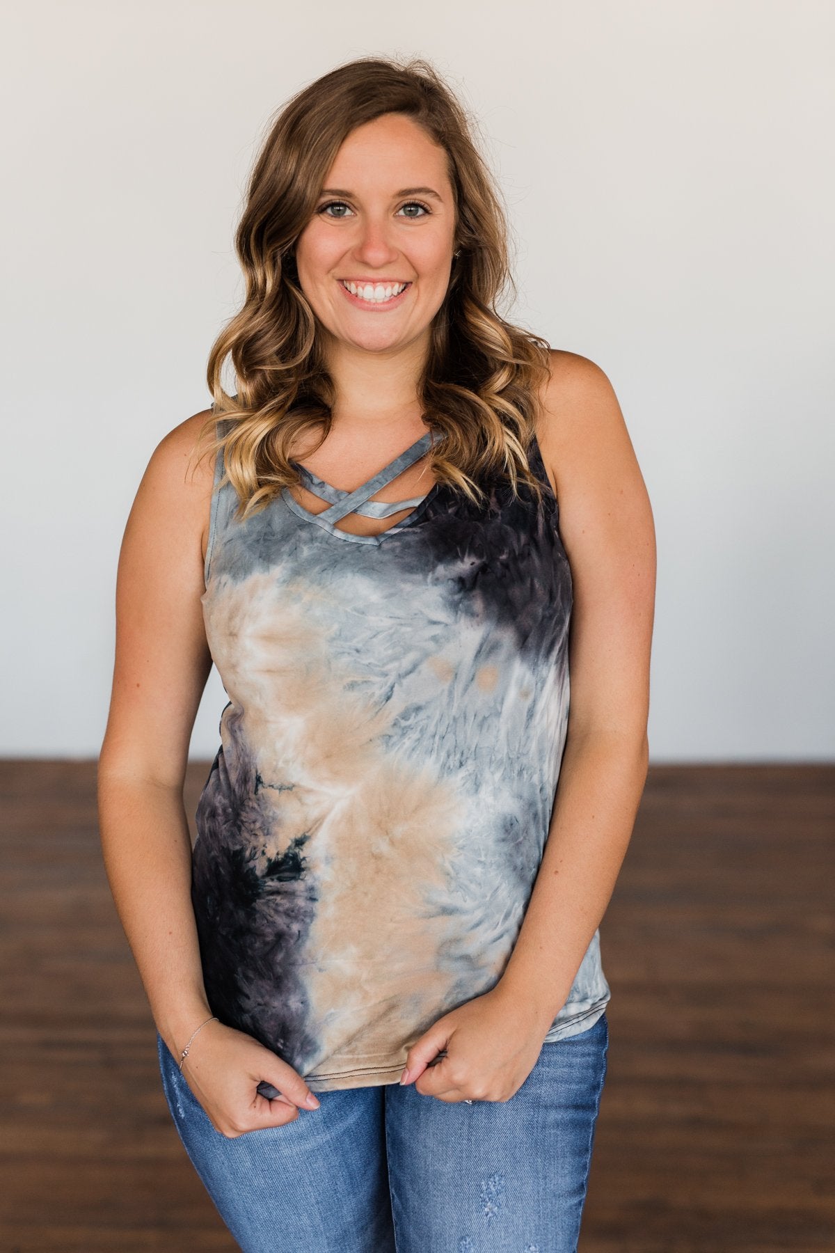 Admit My Love Tie Dye Tank Top- Charcoal, Tan, & Deep Navy