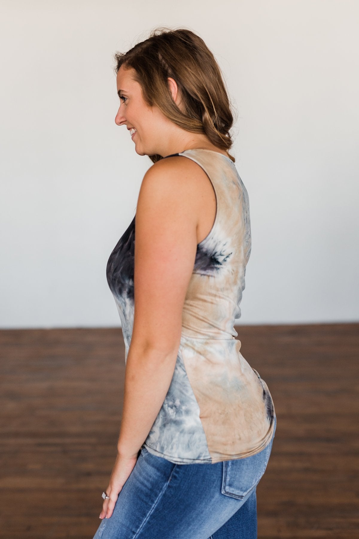 Admit My Love Tie Dye Tank Top- Charcoal, Tan, & Deep Navy